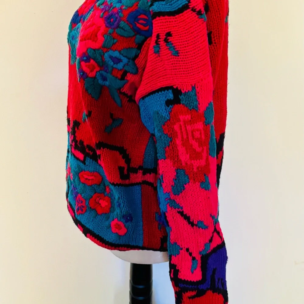 Vintage 80s Needleworks Sz L Floral Hand Knit Women's Sweater - Picture 3 of 10